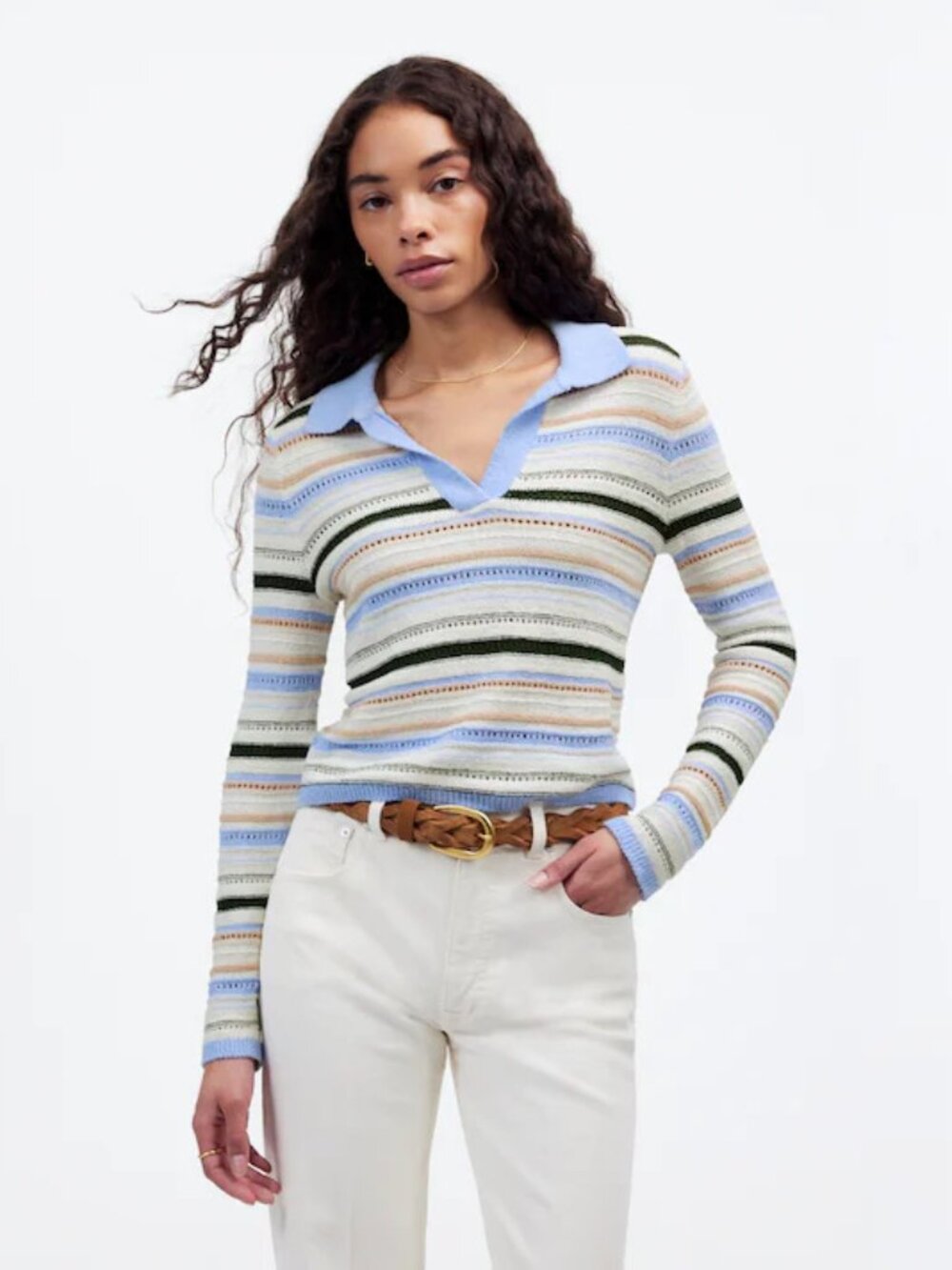 Madewell‎ Striped Textural Stitch Johnny Collar Sweater